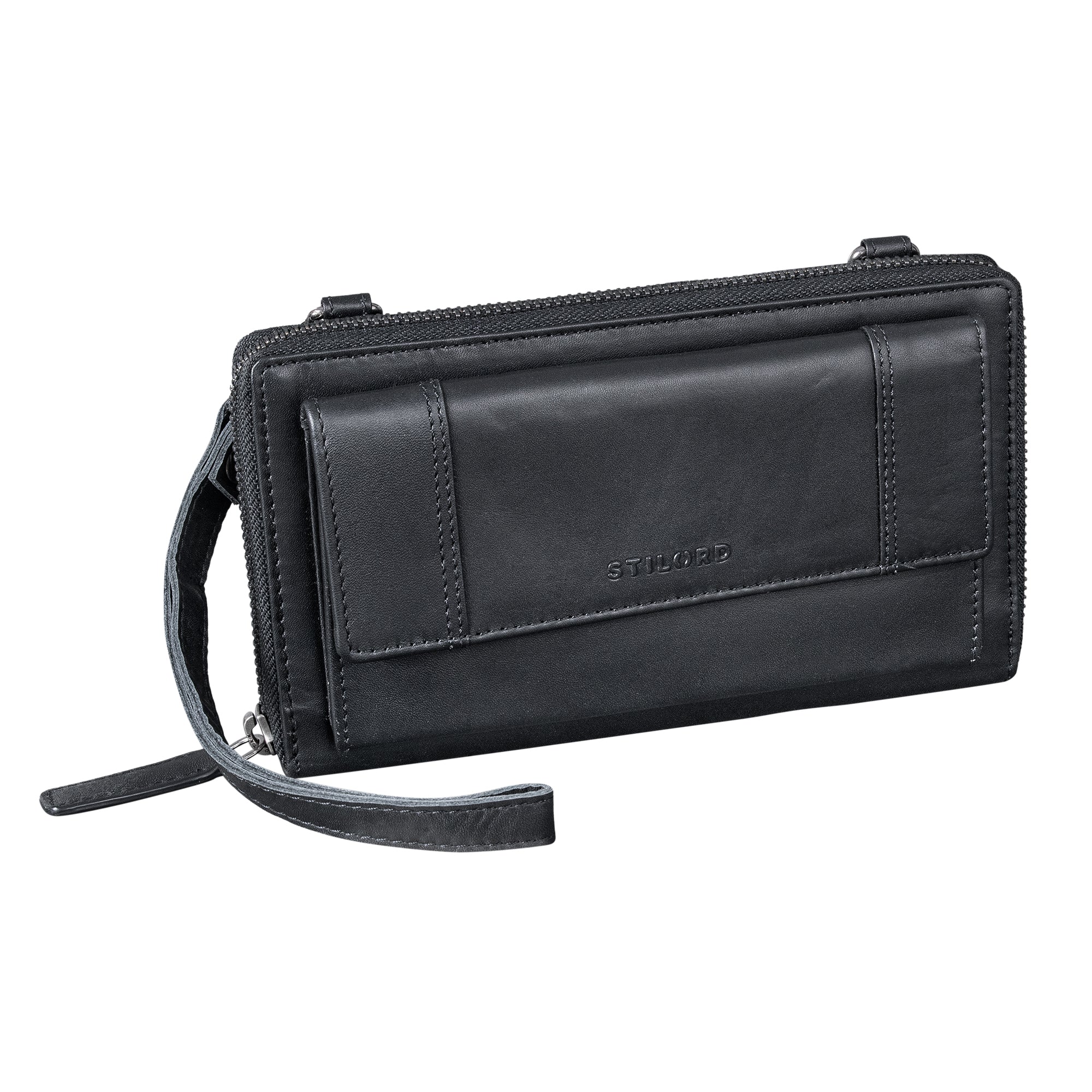 3-in-1 Portemonnaie Damen Handytasche zum Umhängen Echt Leder RFID schwarz