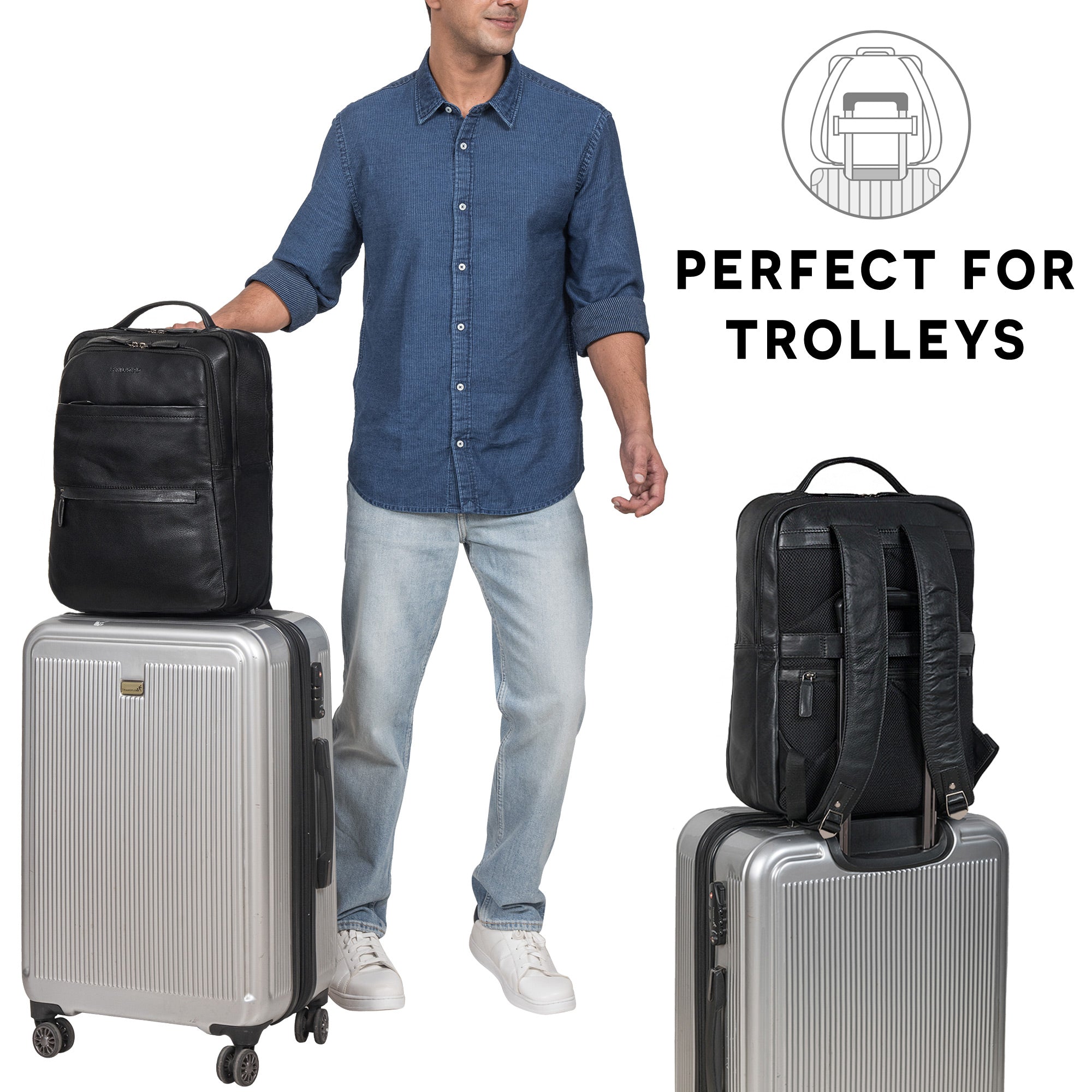 Rucksack mit Trolley Befestigung schwarz Leder
