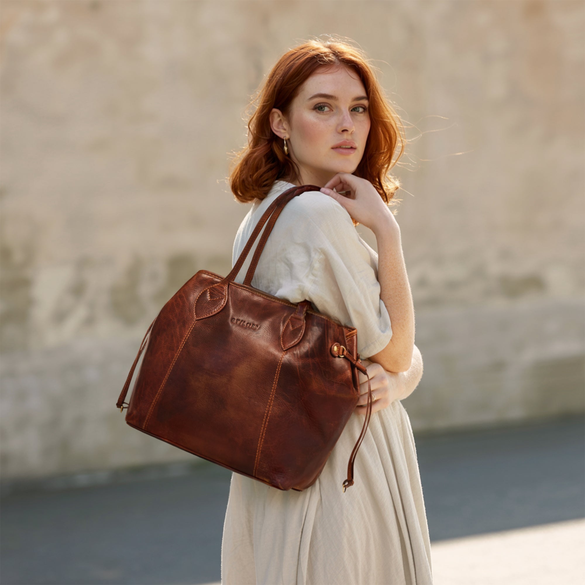 Großer Echtleder Shopper Damen cognac