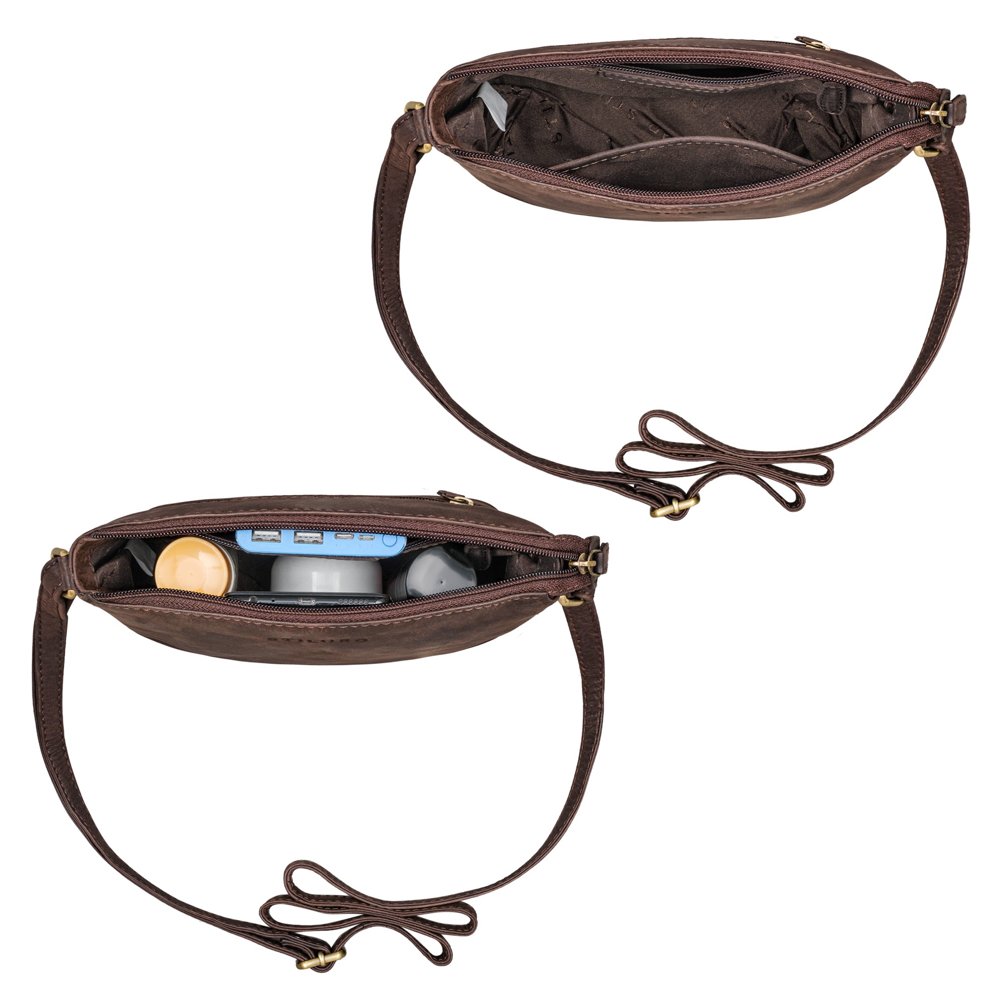 Handtasche Leder braun im gefüllten und leeren Zustand aus der Draufsicht