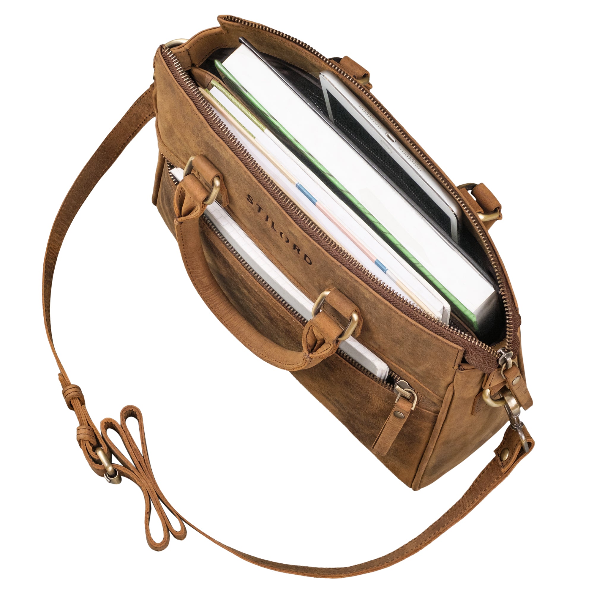 Damen Schultertasche braun mit vielen Fächern