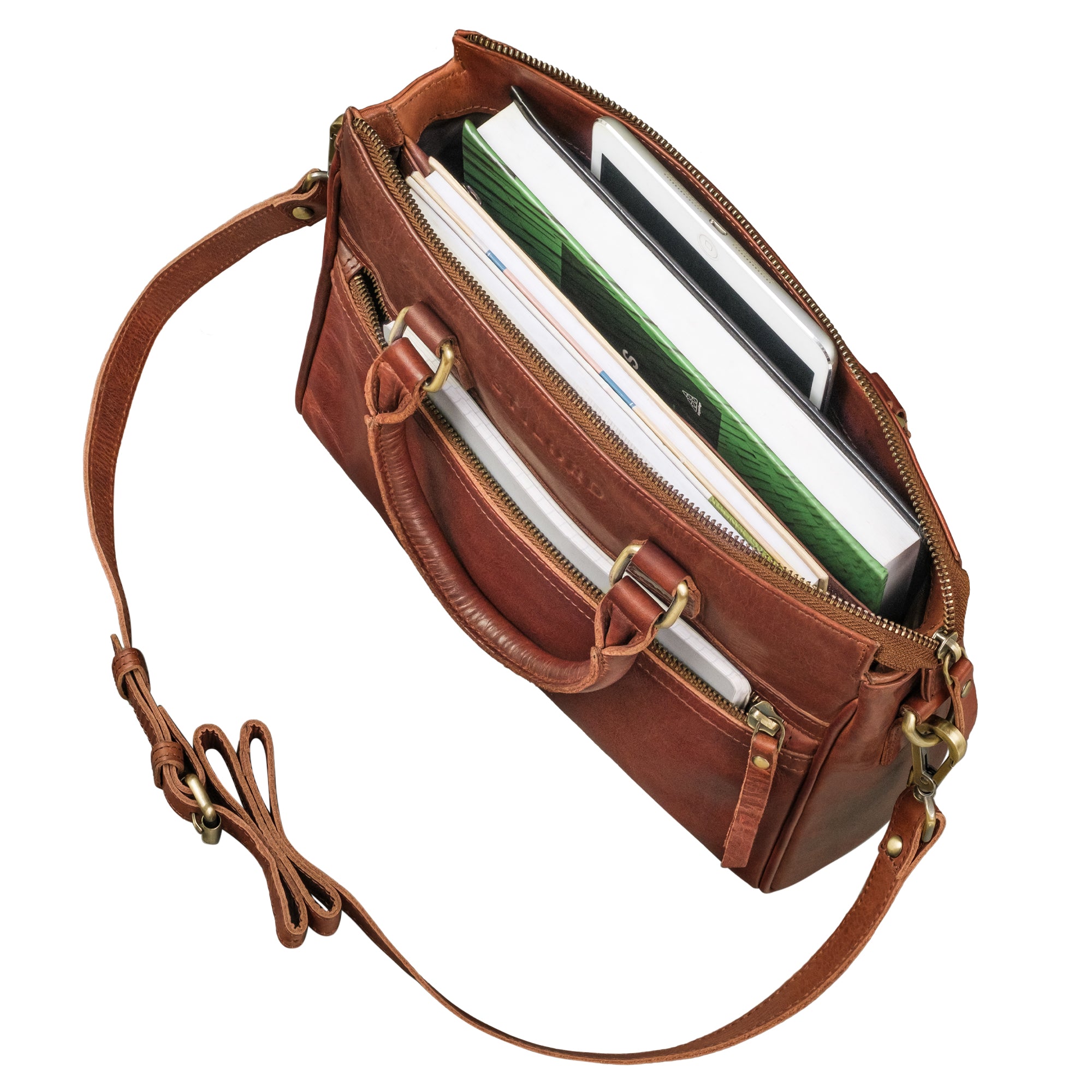Damen Handtasche Leder cognac mit vielen Fächern