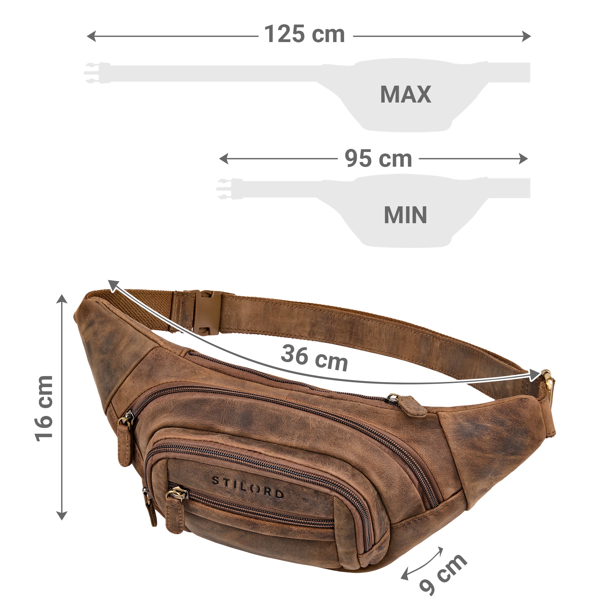 Rauleder Leder Tasche mit langem Bauchgurt braun
