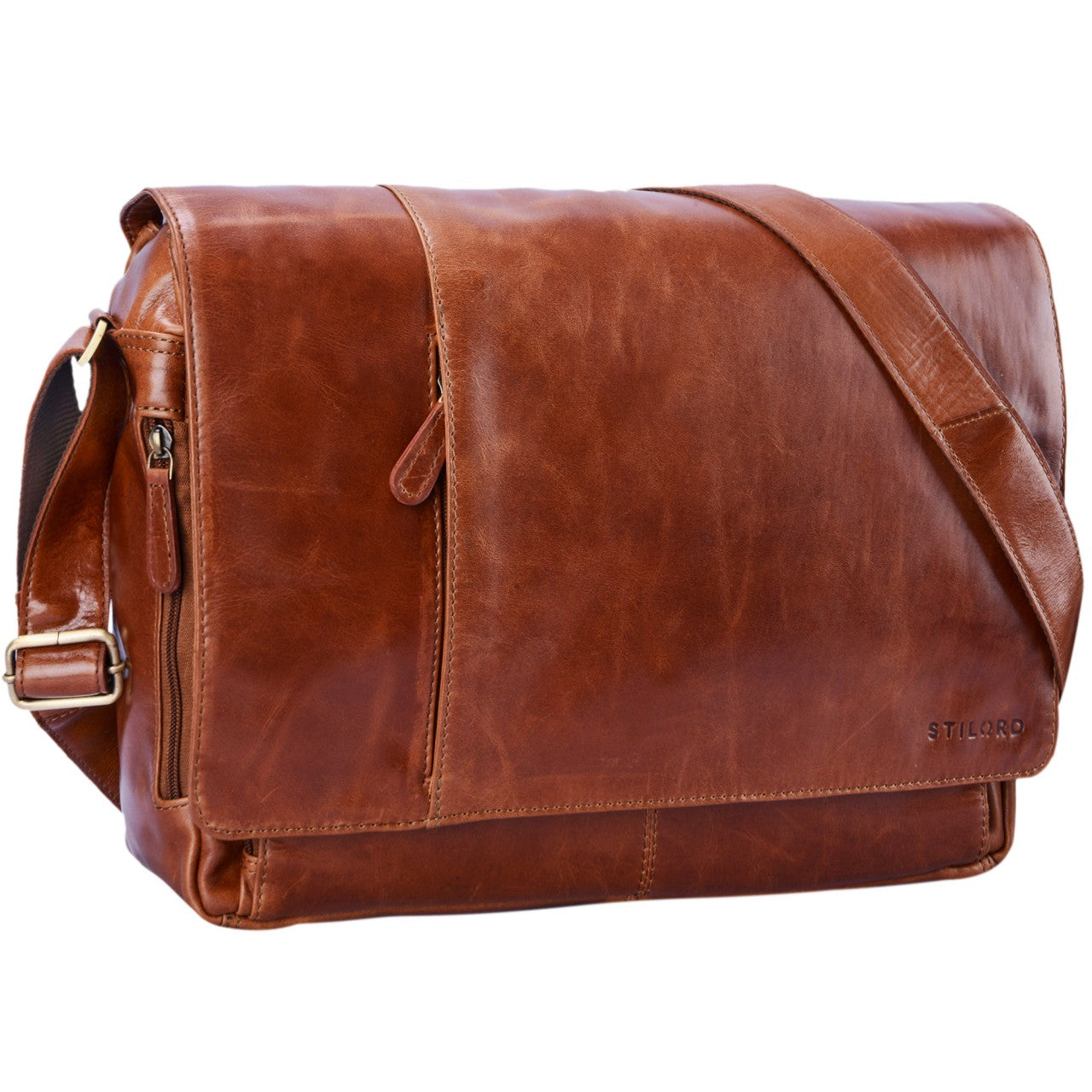 Messengerbag Laptop Leder cognac glänzend
