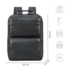 Lederrucksack schwarz mit Größenangaben und zusätzlichen USP Icons