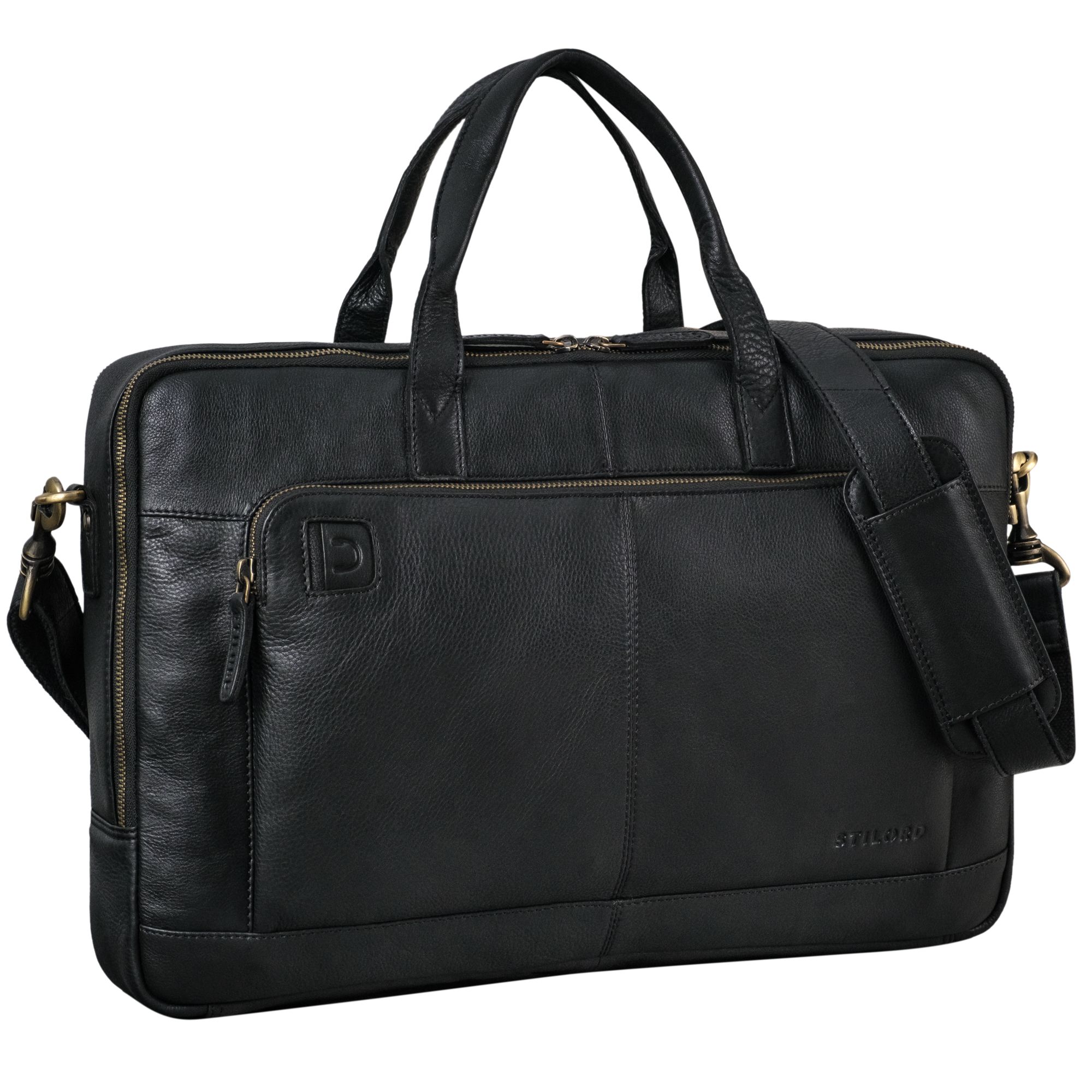 Laptoptasche Leder schwarz aus der schrägen Frontalperspektive