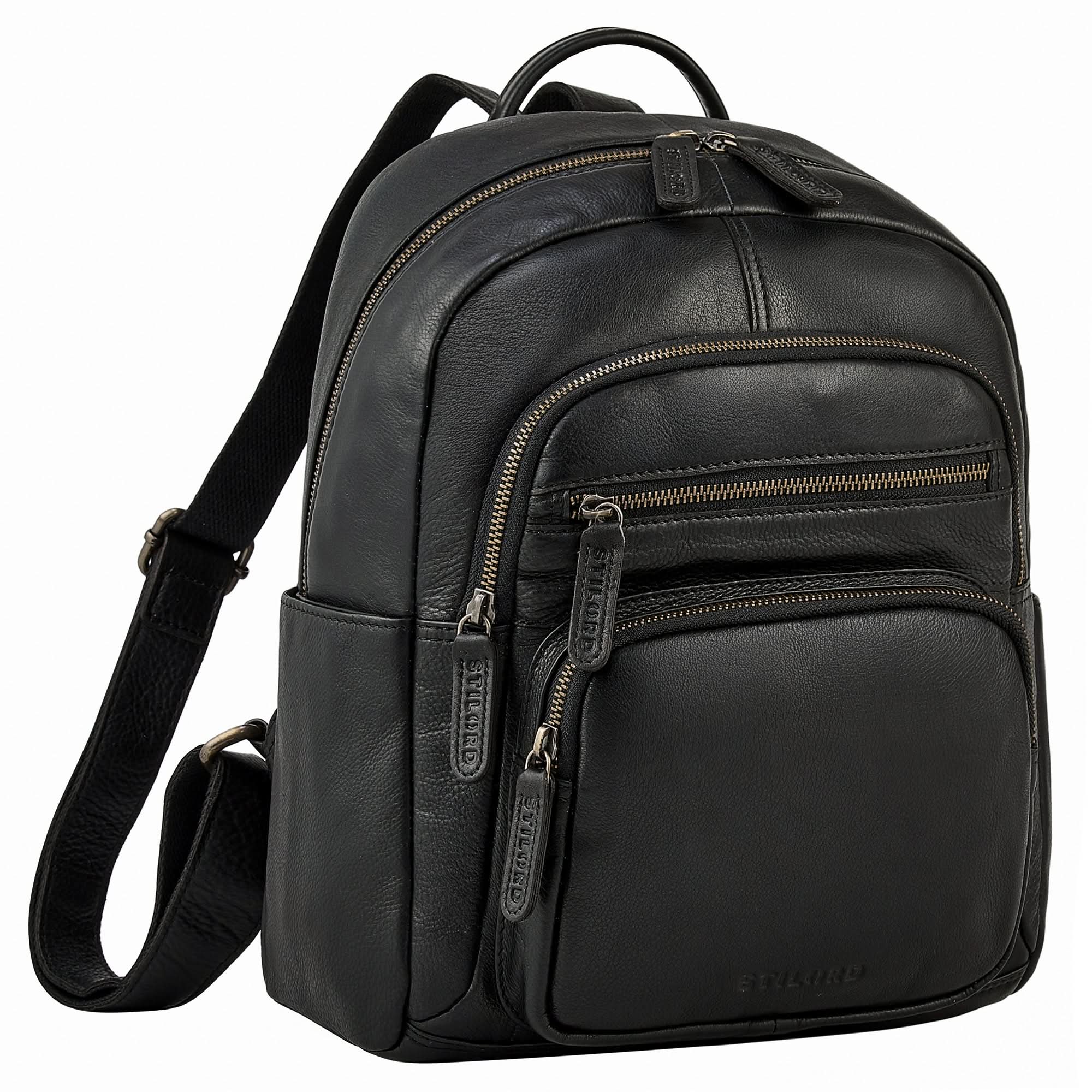 Schwarzer City Rucksack Damen Leder Klein Lederrucksack für 13 Zoll