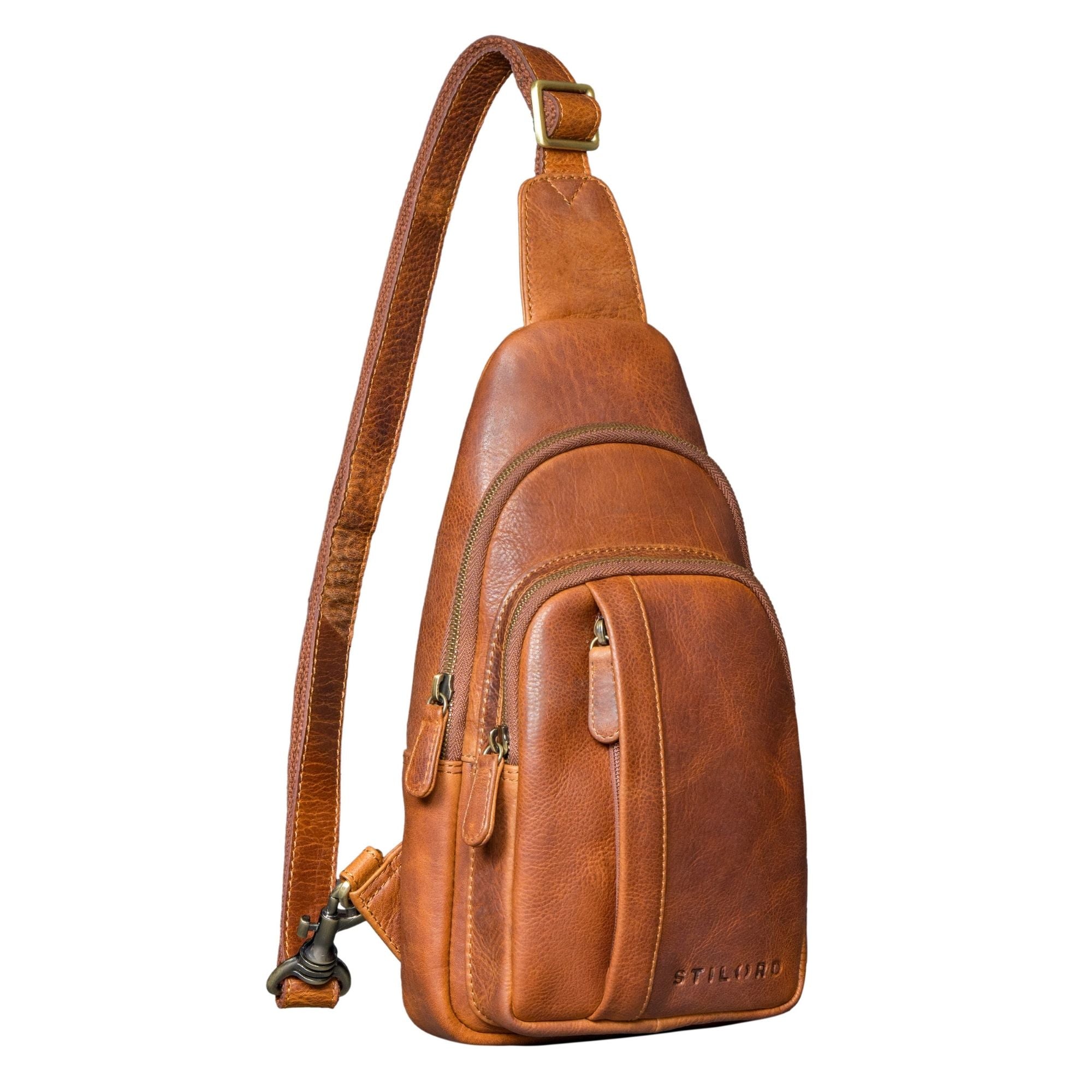 Sling Bag Herren Leder Cognac Groß mit Karabiner & Anti Diebstahl Fach