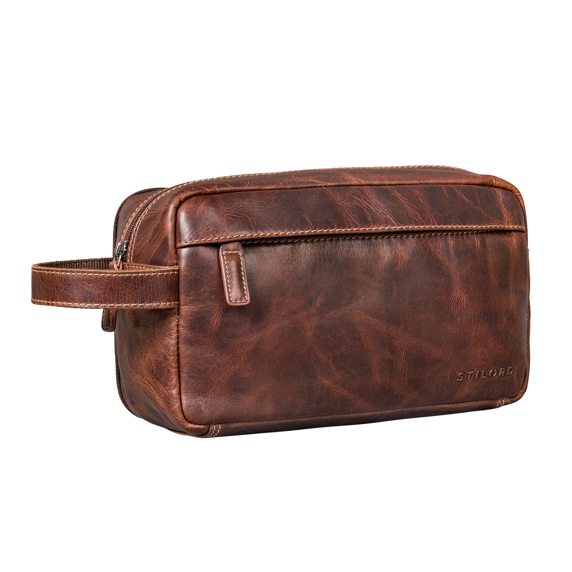 Großer Kulturbeutel Herren Leder Kulturtasche Damen Salerno Braun 