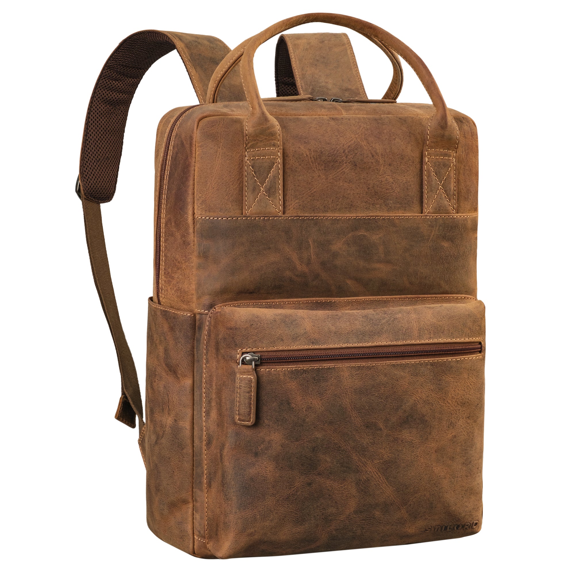 Großer Damen und Herren Business Lederrucksack mit Henkel mit Laptop-Fach 16 Zoll Bergamo Braun 