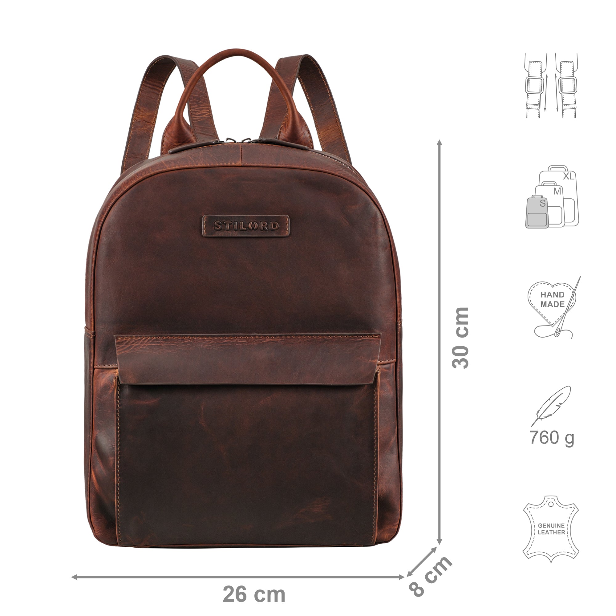 Kleiner Rucksack Cognac aus der Frontalperspektive mit zusätzlichen Icons