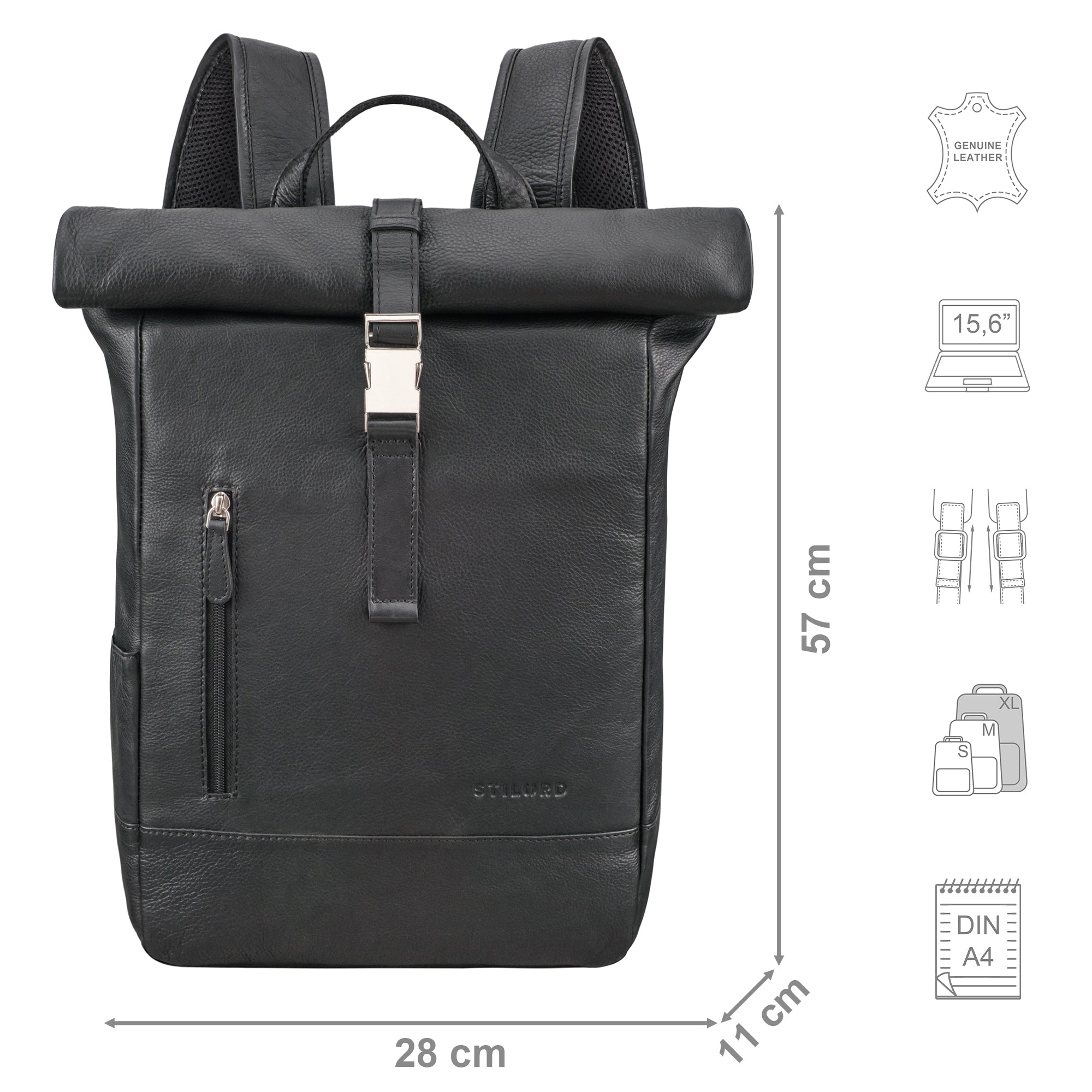Leder Rolltop Rucksack schwarz